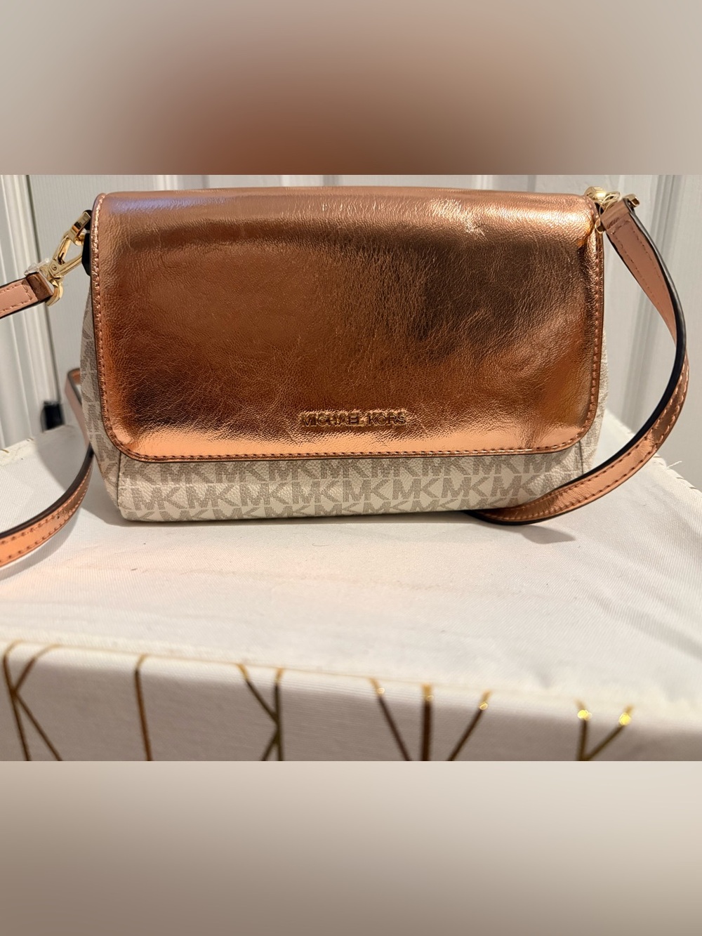 Michael Kors Metallic Rose Gold and Beige Logo Crossbody